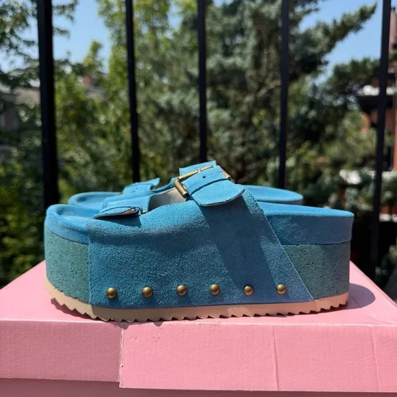 New Free People Rule Breaker Flatform Sandal Shoes Platform Suede Blue Capri 36